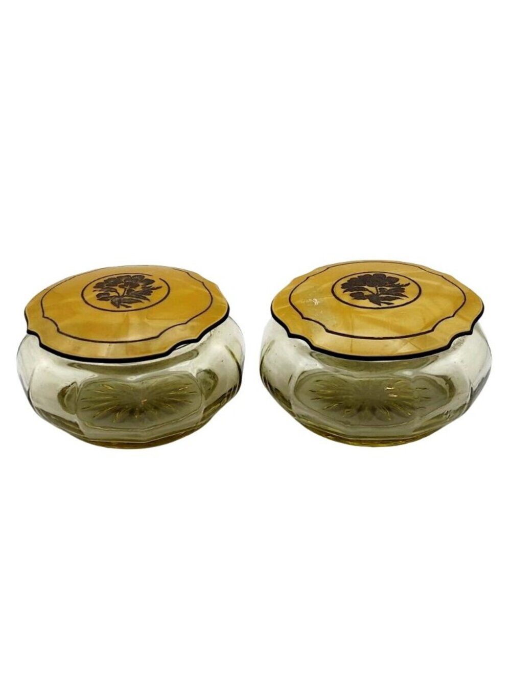 Vintage Art Deco Amber Glass Vanity Powder Jars Floral Celluloid Lids Set Of 2